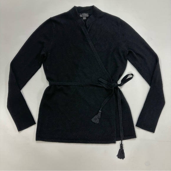 Carlisle Sweaters - Black cashmere wrap cardigan Large womens tassel belted Luxury sweater